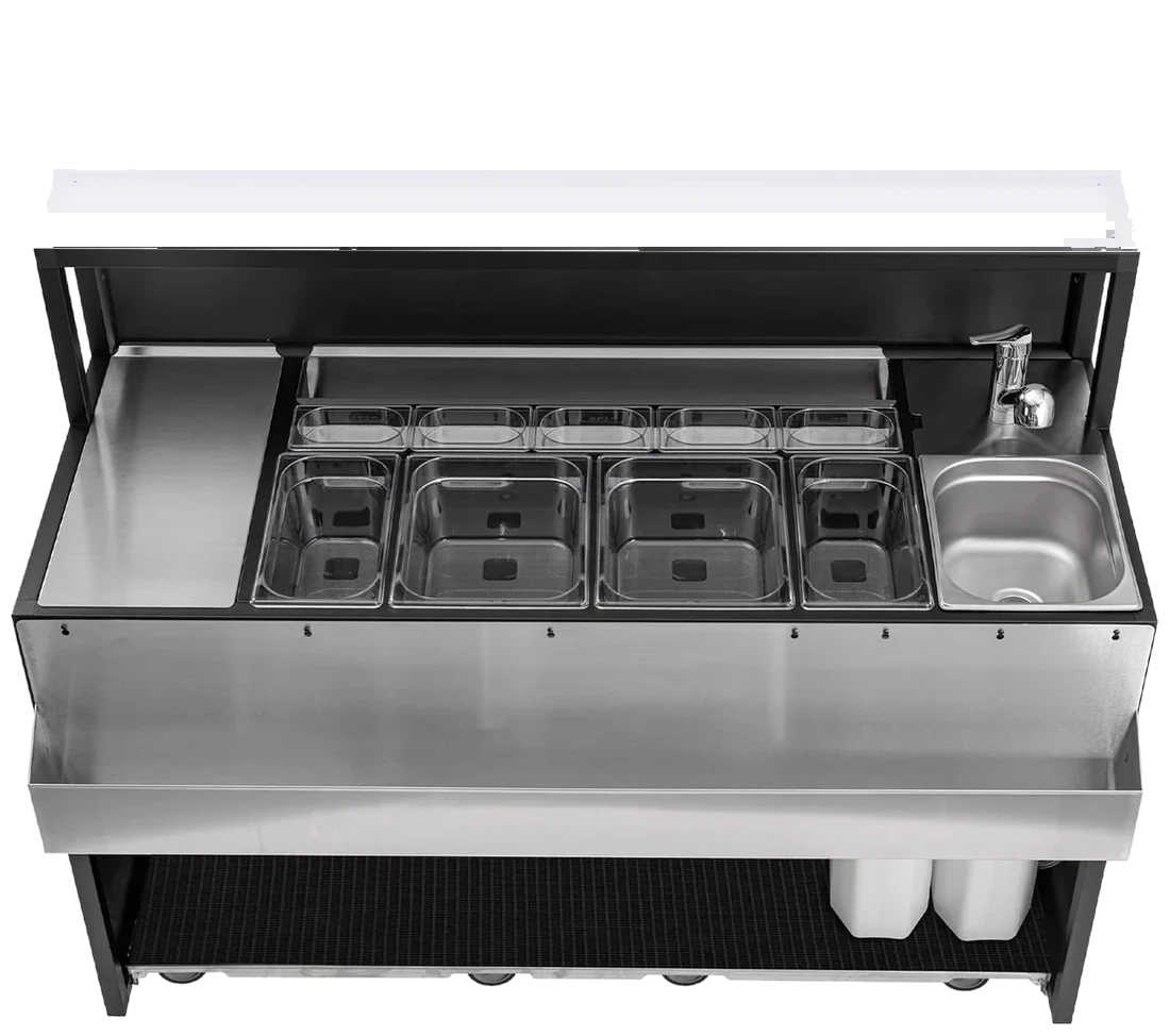 La stessa postazione barman portatile da 150 cm, vuota