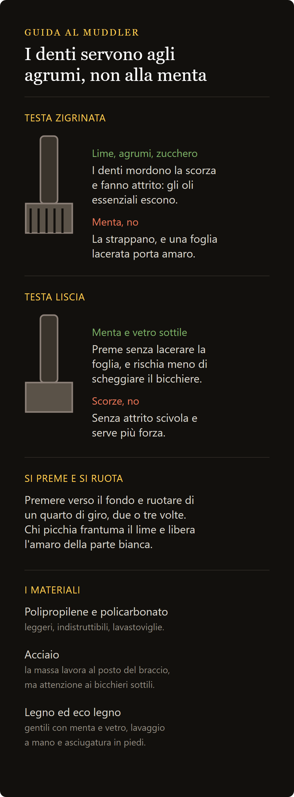 efesto muddler: testa zigrinata contro testa liscia, e i materiali a confronto