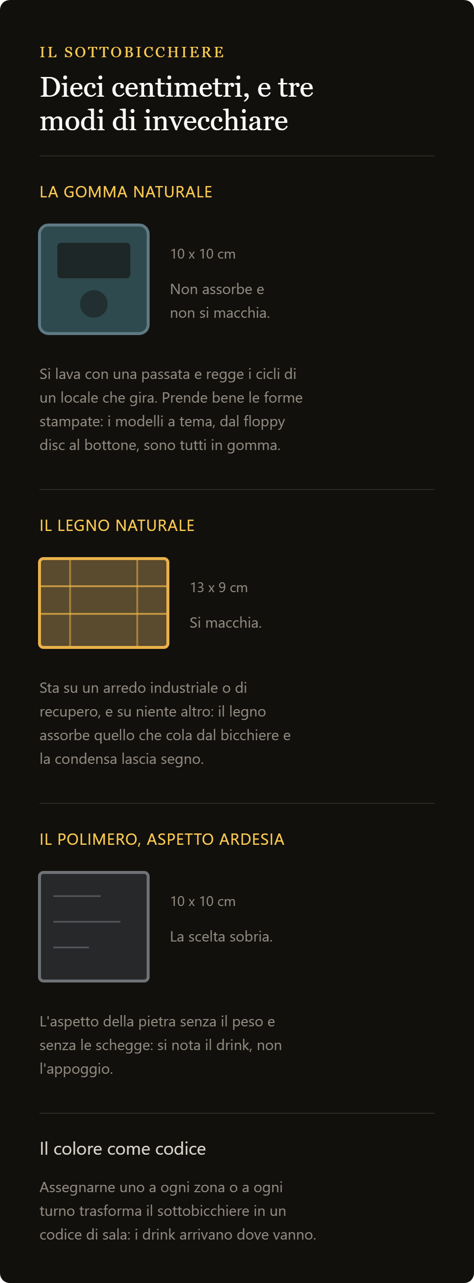 sottobicchiere bottone: gomma naturale, legno e polimero ardesia a confronto sui dieci centimetri