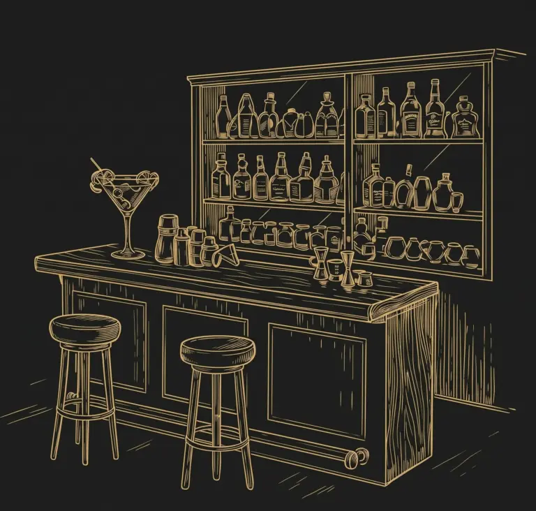 Disegno di un bancone bar con bottigliera e sgabelli