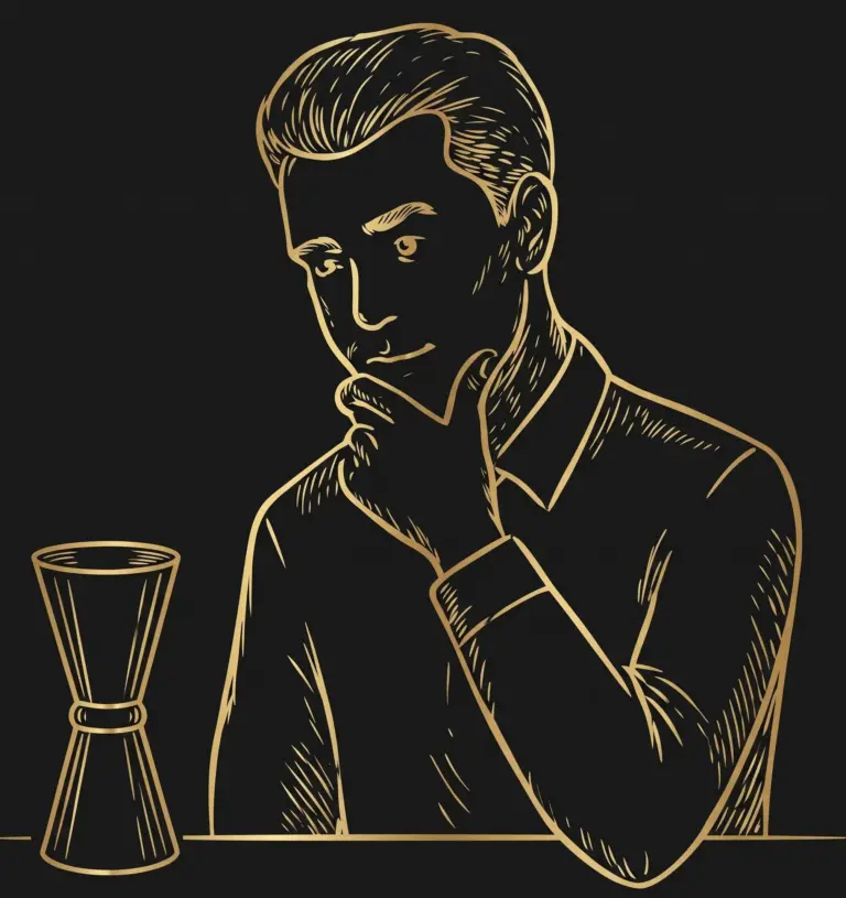 Disegno di un bartender pensieroso accanto a un jigger