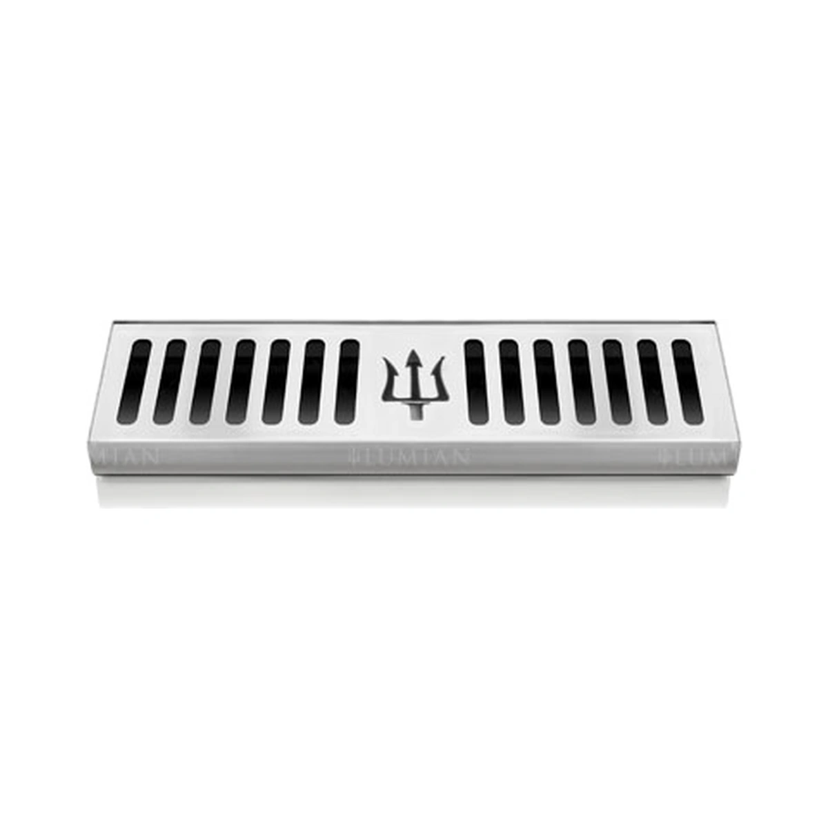 bar mat rigato: bar mat Lumian in acciaio inox con la griglia a feritoie e il tridente al centro, nella misura da 30 centimetri