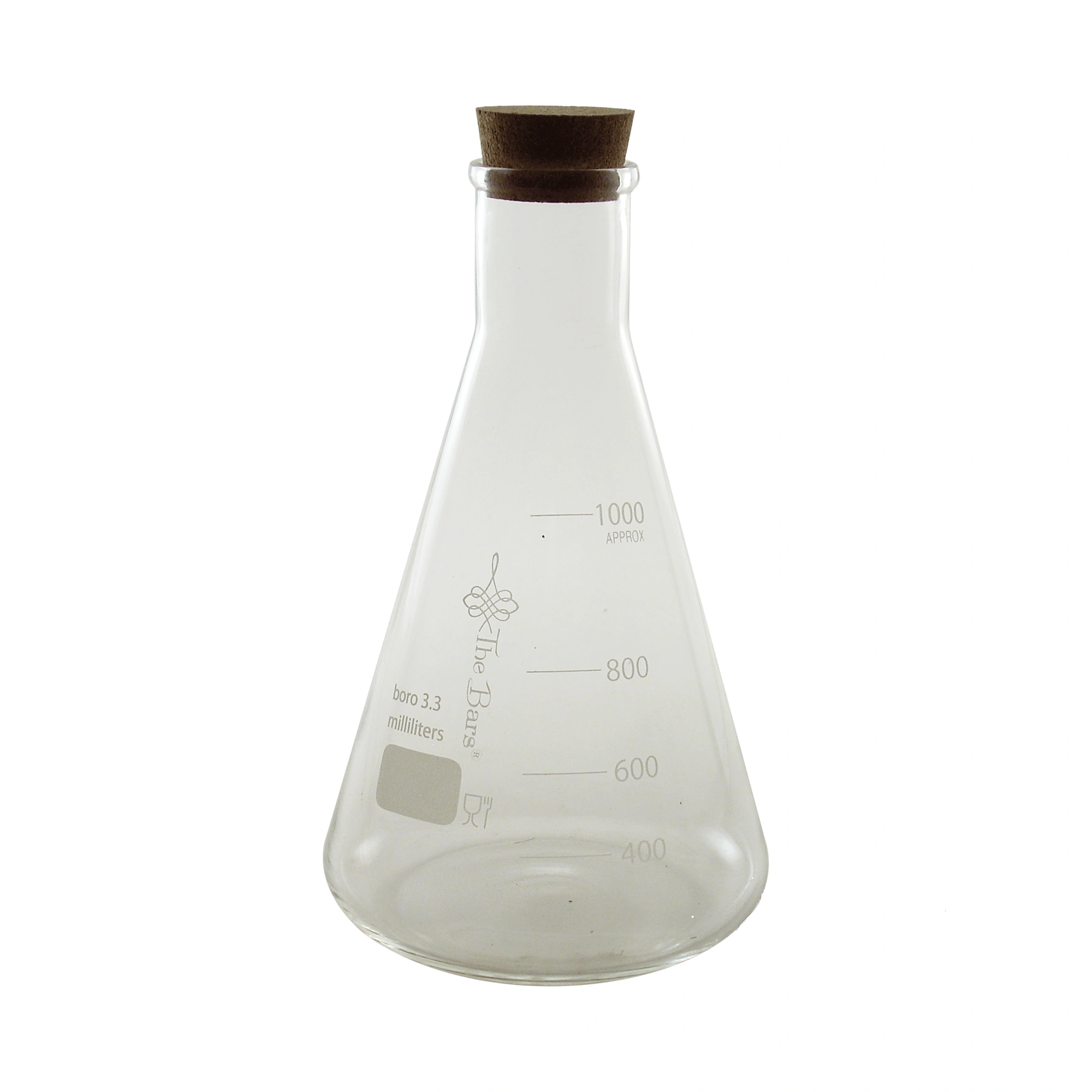 beuta 1000 ml: ampolla conica The Bars in vetro borosilicato con scala stampata e tappo in sughero