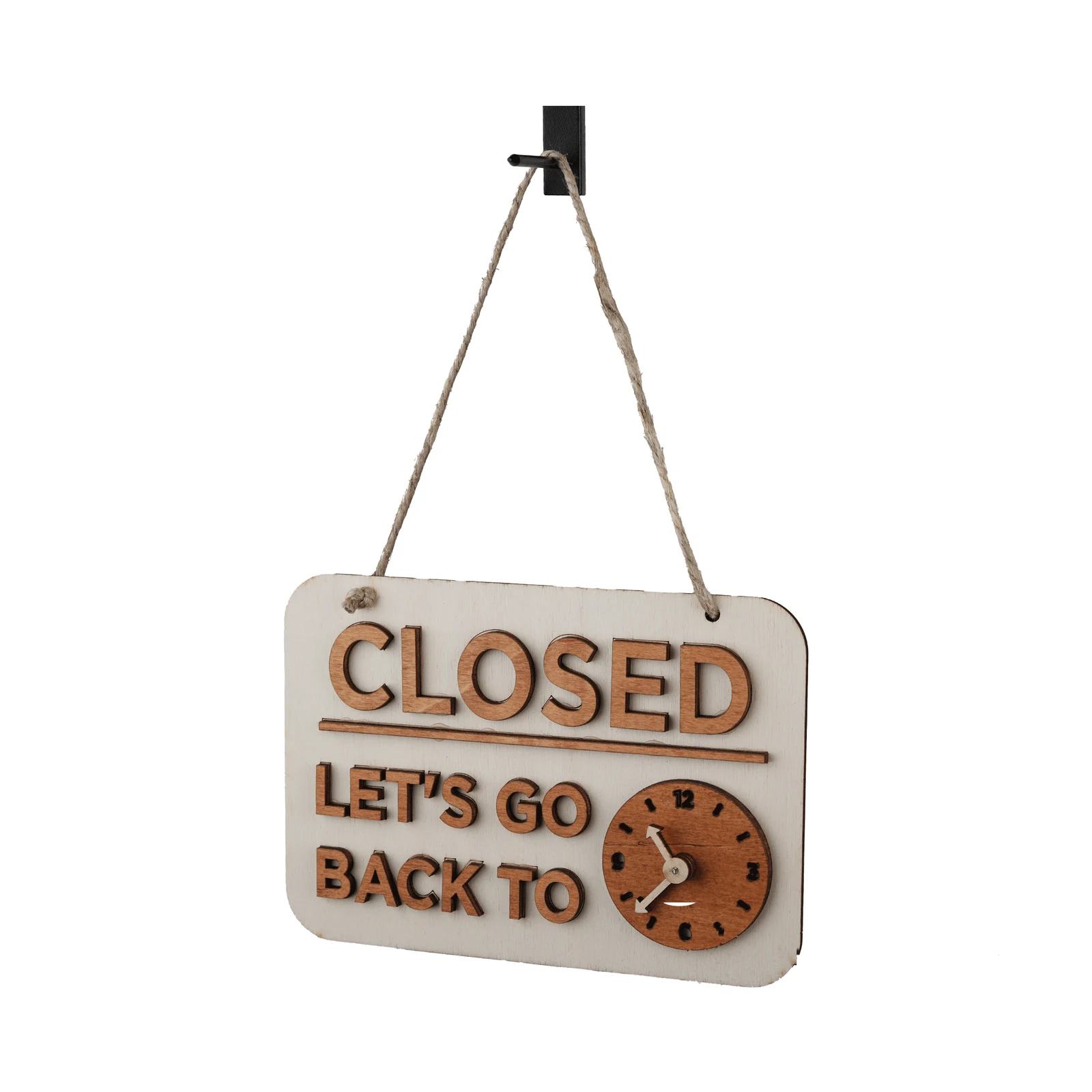 cartello aperto chiuso: il lato CLOSED con l'orologio a lancette in legno