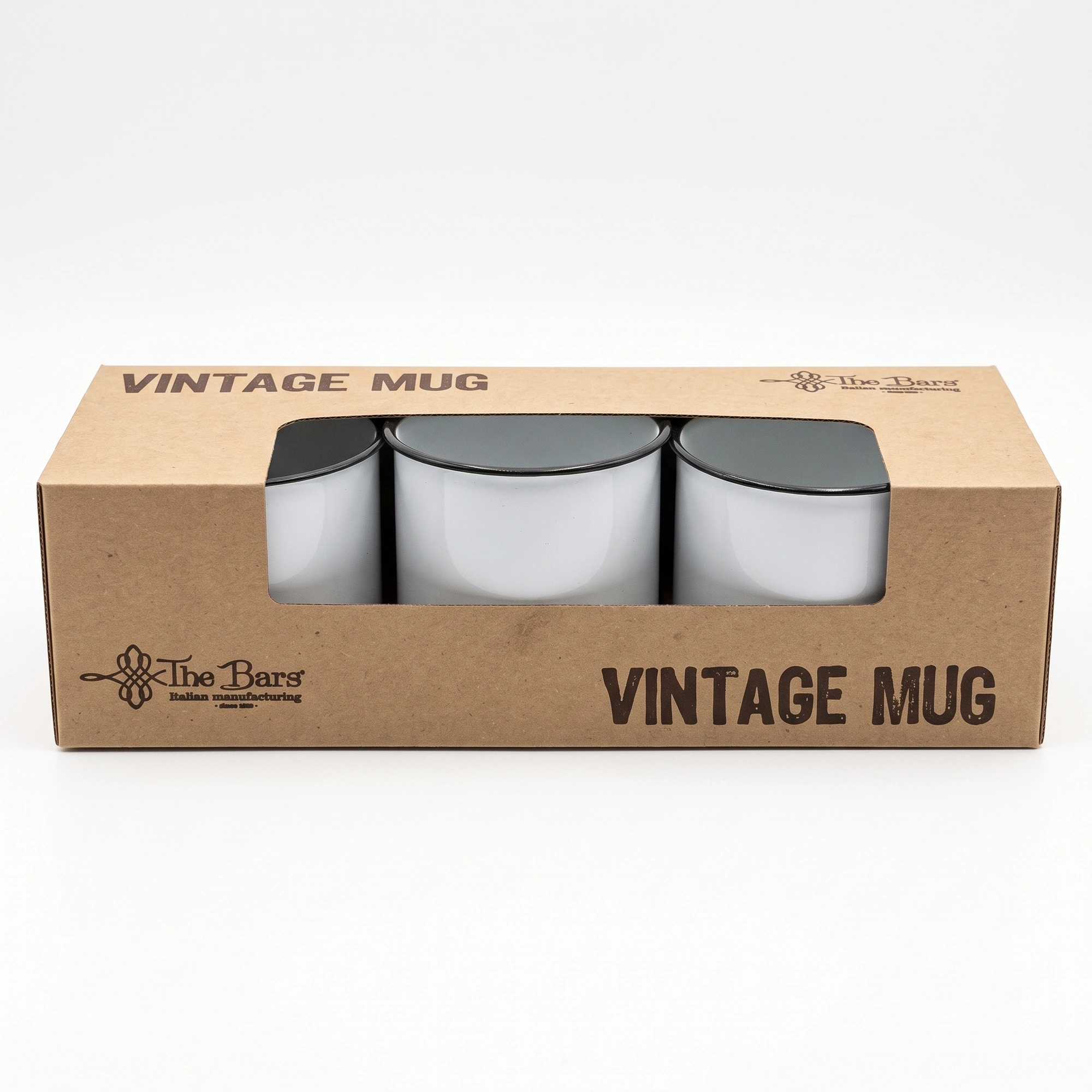 Enamel bianca: la confezione The Bars Vintage Mug con le tre tazze smaltate bianche