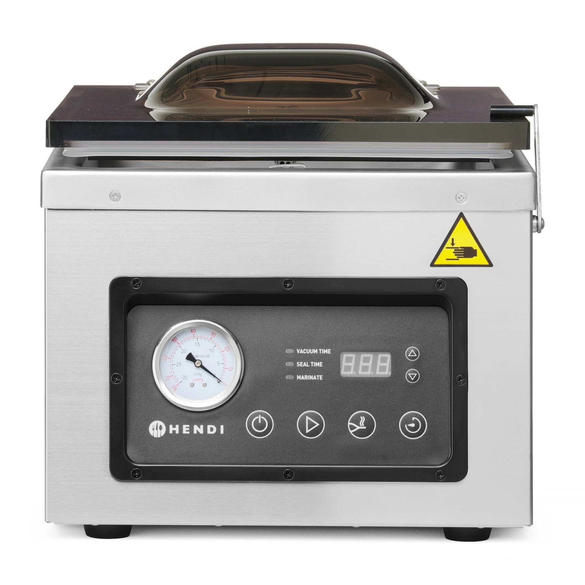 macchina sottovuoto a campana, pannello con manometro e display