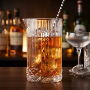 Mixing glass America 79 cl con ghiaccio, un Manhattan e il bar spoon, sul bancone accanto a una coppa e a uno strainer