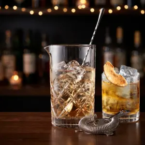 Mixing glass Shinto 70cl con ghiaccio, bar spoon e strainer sul bancone
