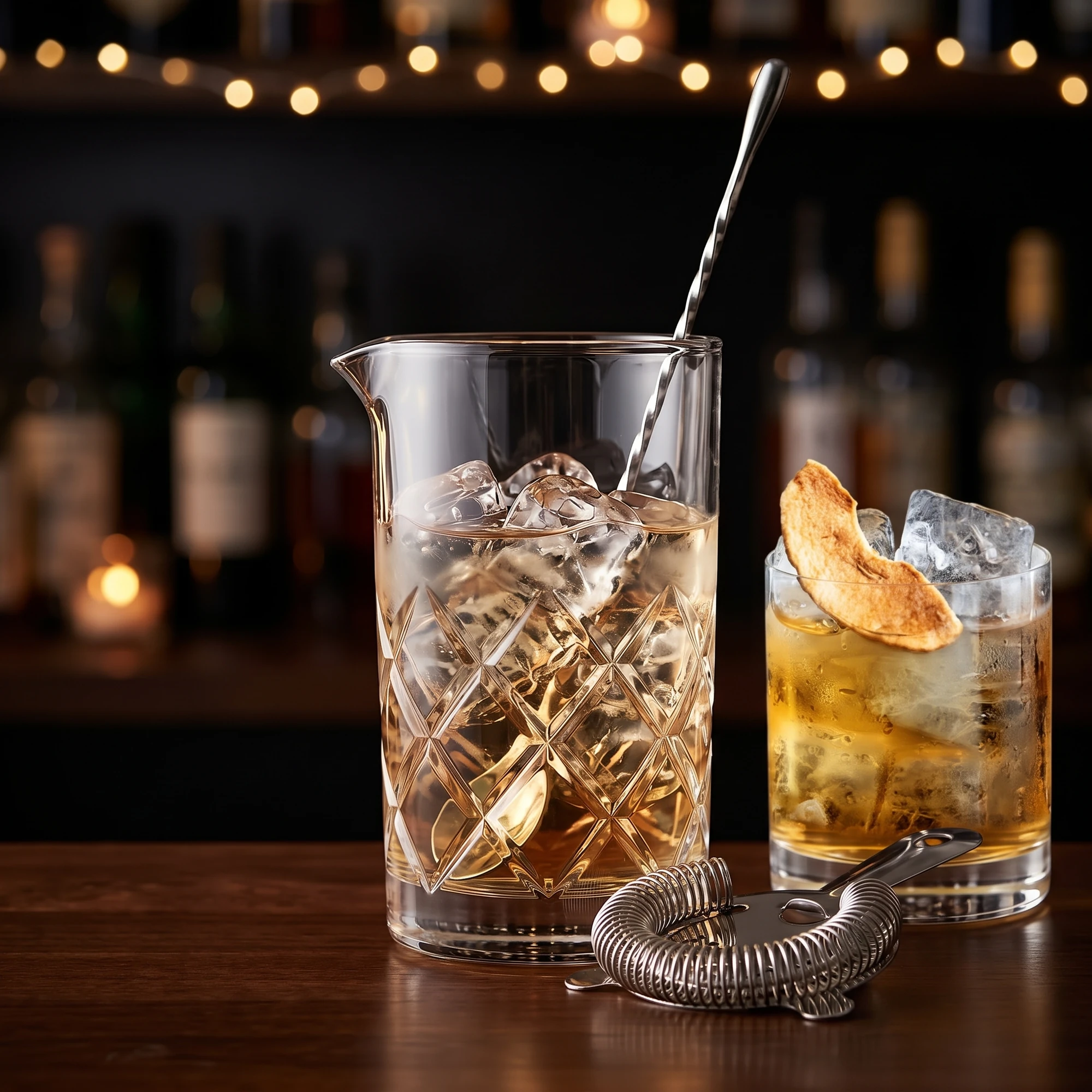 Mixing glass Shinto 70cl con ghiaccio, bar spoon e strainer sul bancone