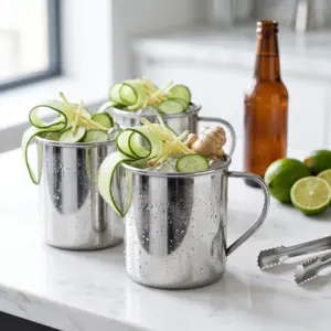 Mule mug acciaio: tre tazze The Bars da 35 cl con Moscow Mule e ghiaccio sul bancone in marmo