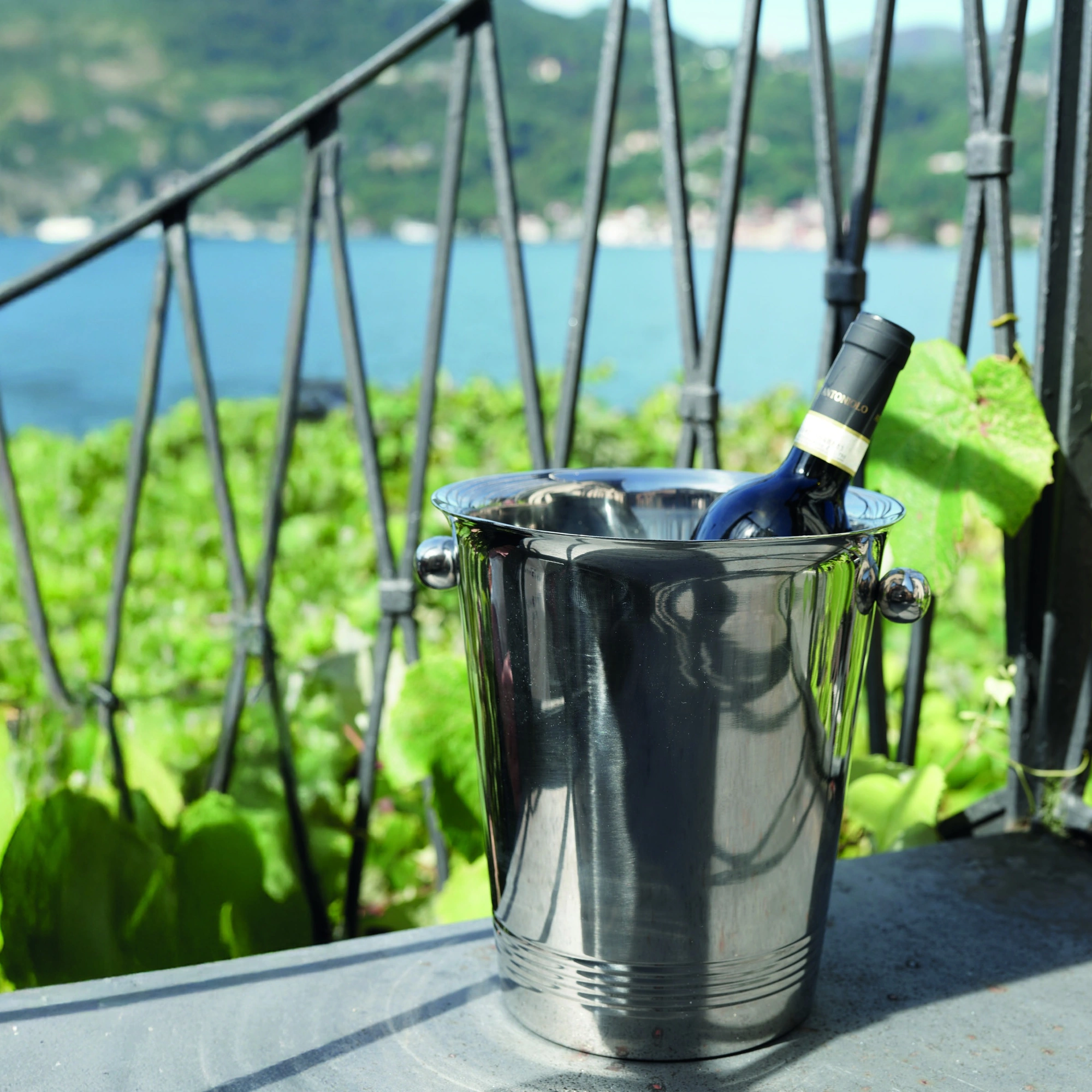 Secchiello ghiaccio acciaio The Bars Classic Line con una bottiglia, su una terrazza al lago