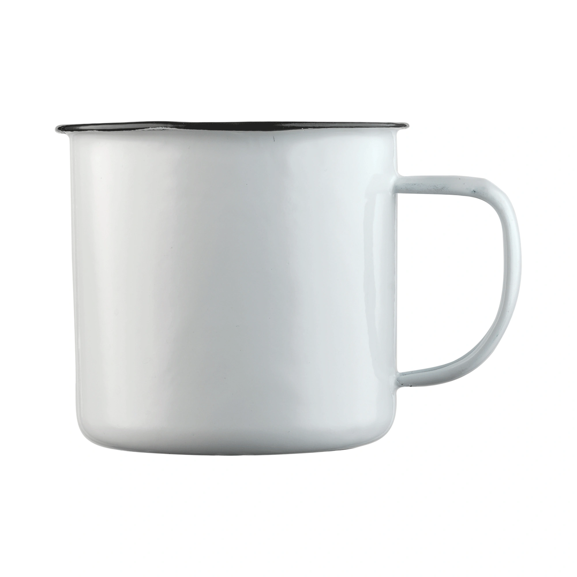 Enamel bianca: tazza The Bars da 45 cl in metallo smaltato bianco con bordo scuro e manico ad ansa
