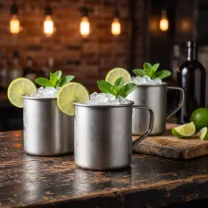 Tazza vintage acciaio: tre tazze The Bars da 45 cl con Moscow Mule, lime e menta, sul bancone in legno