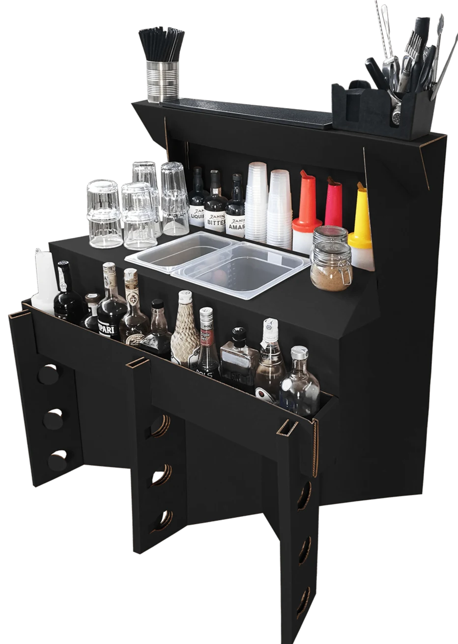 Workstation Easy nera in cartone, montata e attrezzata