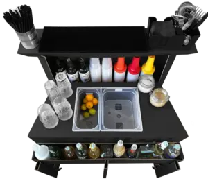 Workstation Easy Plastica nera, montata e attrezzata con vasche, bottiglie e bicchieri