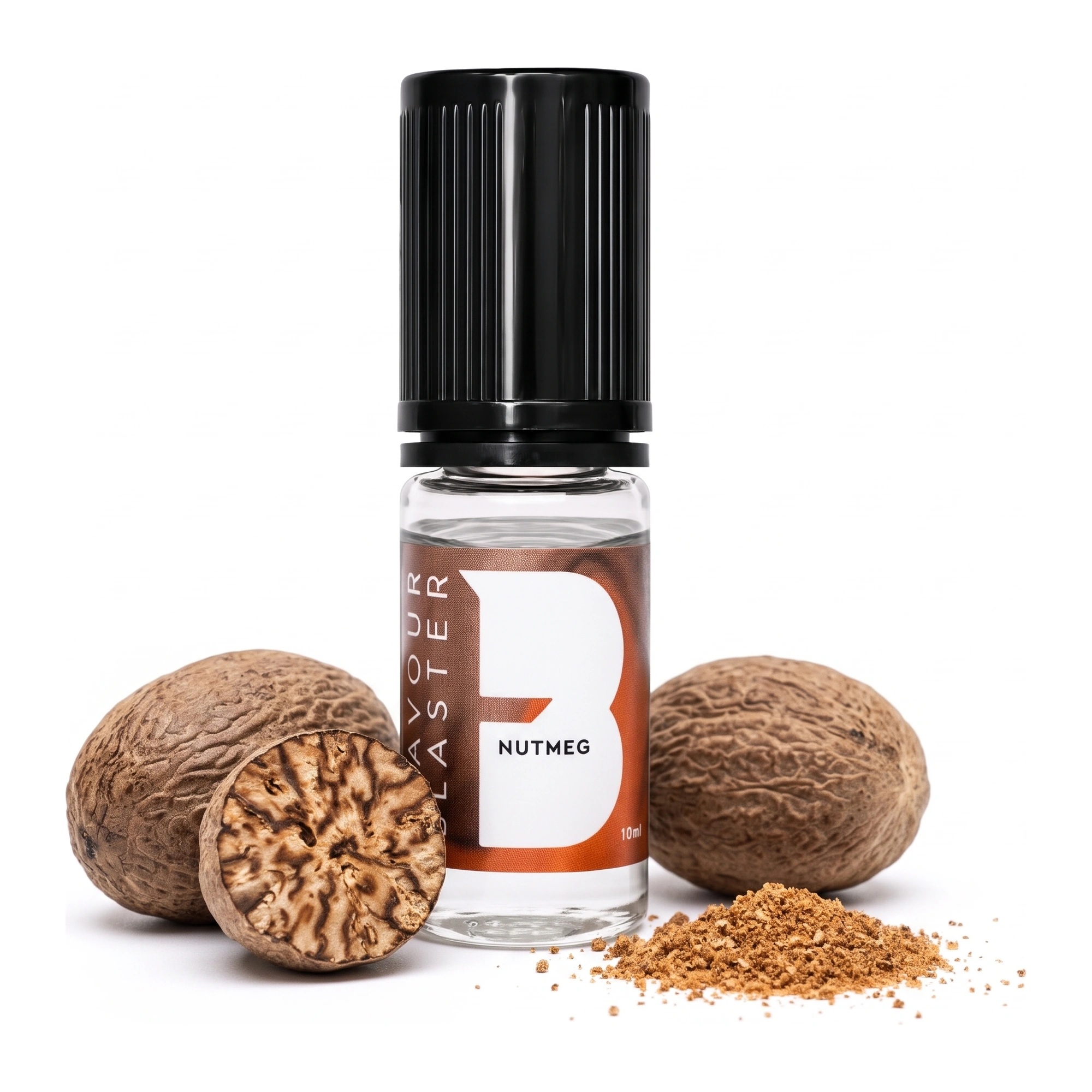Aroma Flavour Blaster alla noce moscata 10 ml, con noci moscate intere, una tagliata e noce moscata grattugiata