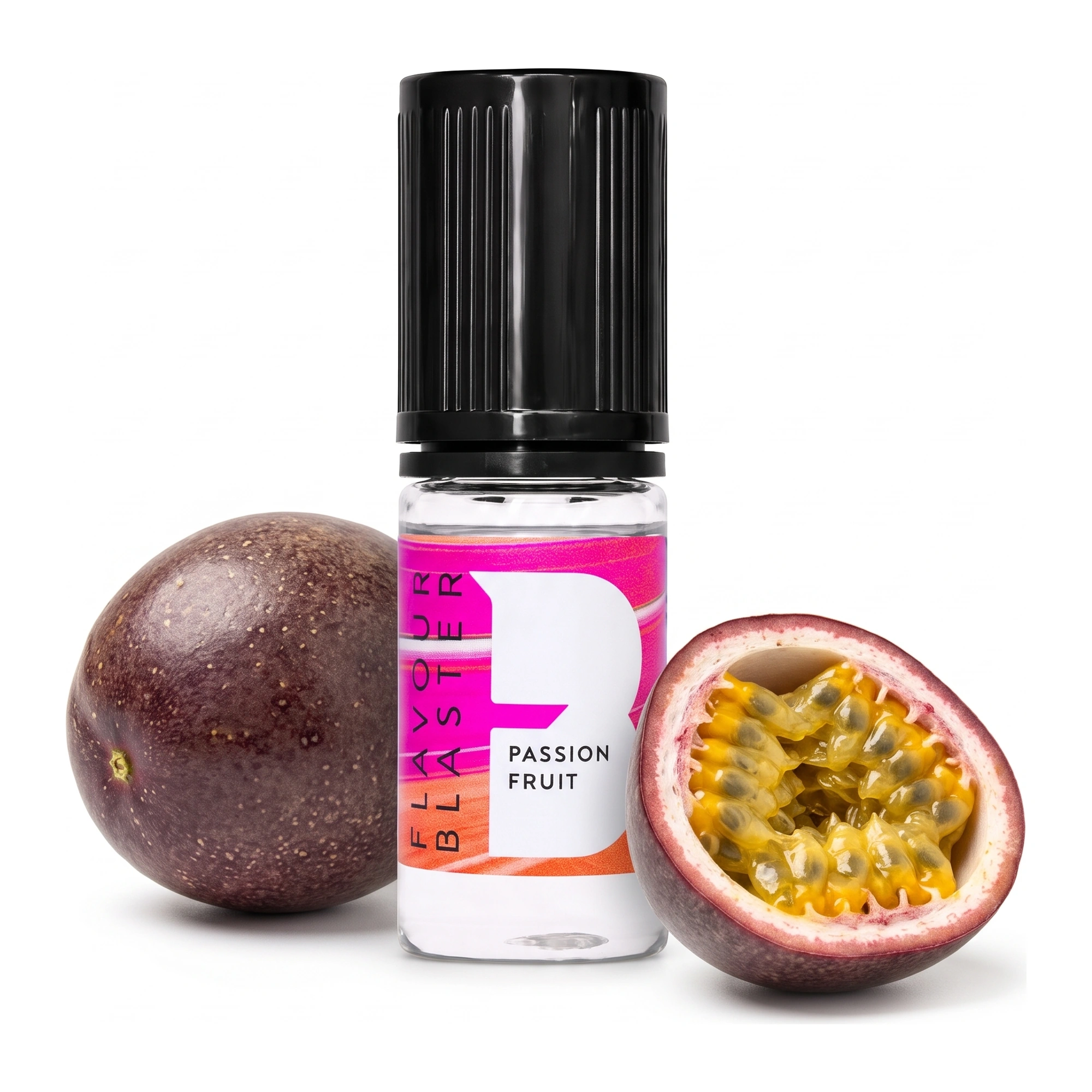 Aroma Flavour Blaster al passion fruit 10 ml, con un frutto della passione intero e uno aperto