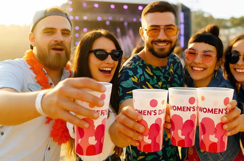 bicchieri plastica personalizzati a un festival: ragazzi che brindano con i bicchieri conici stampati