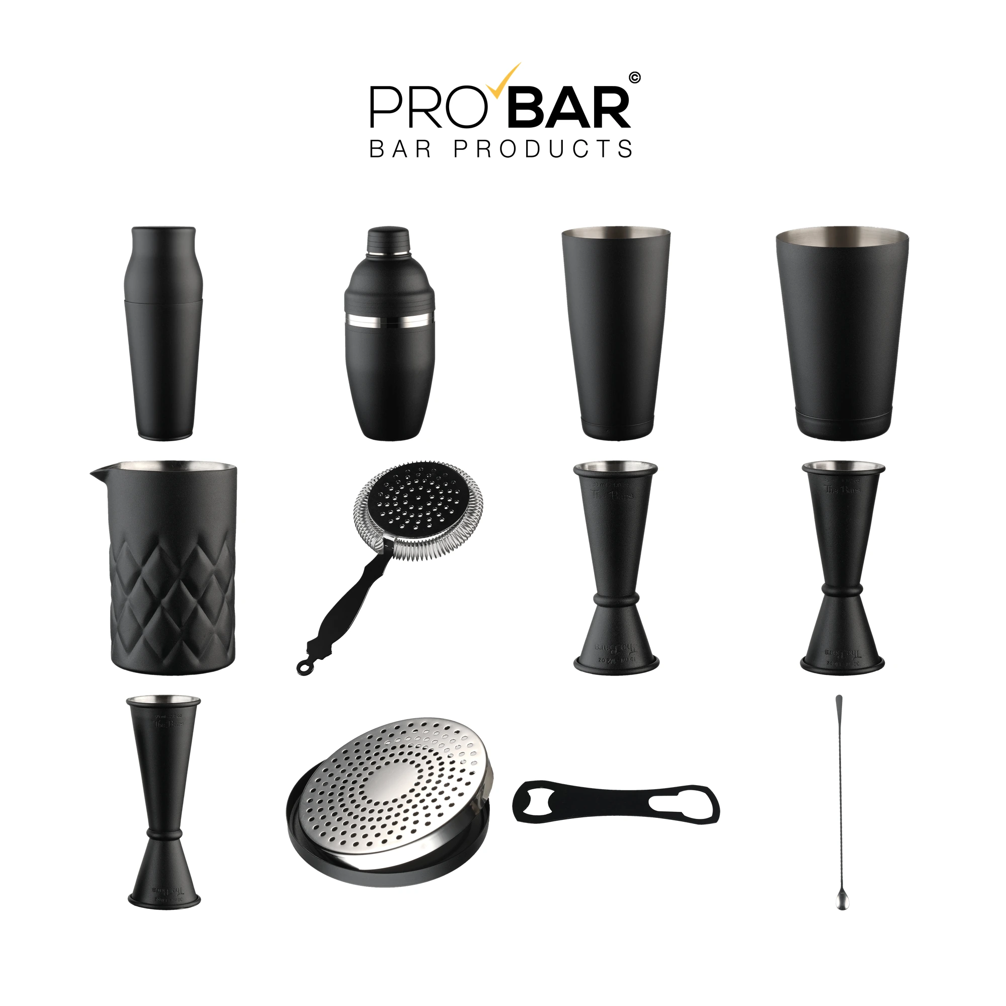kit cocktail Nero Opaco The Bars: shaker, mixing tin, jigger e bar spoon in griglia