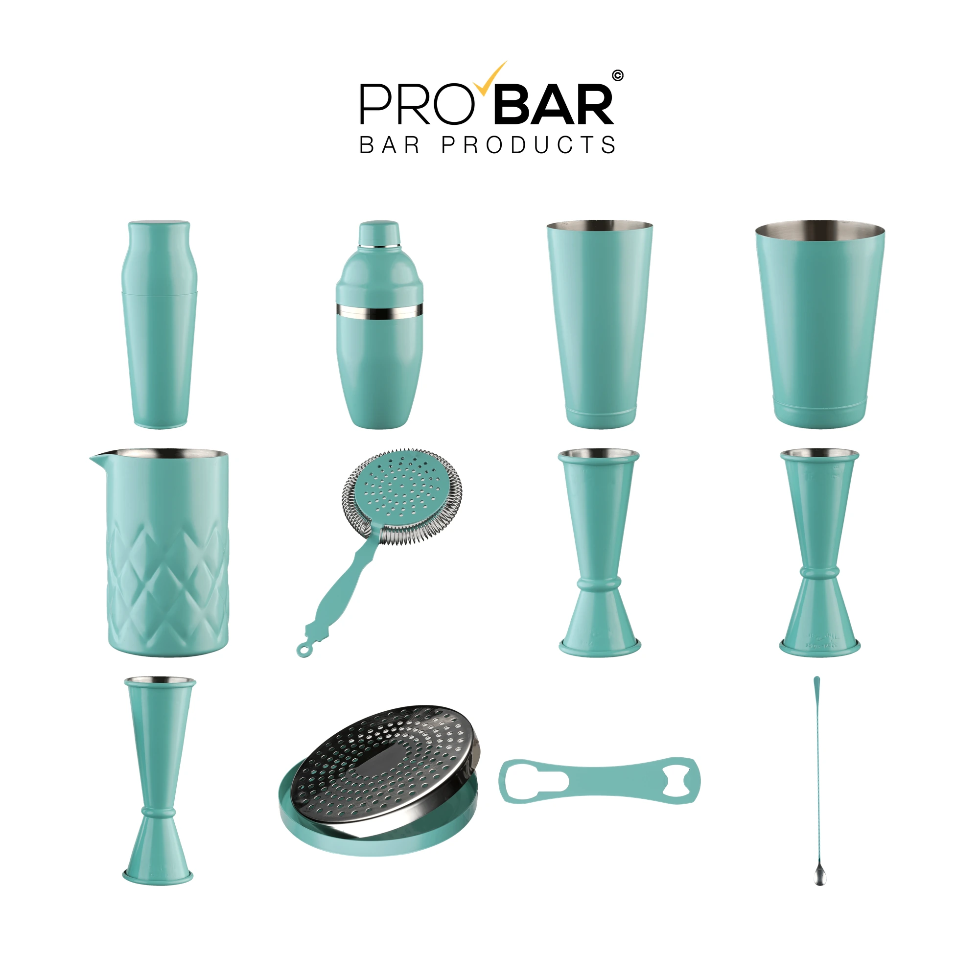 kit bartender Verde Tiffany The Bars: shaker, mixing tin, jigger e bar spoon in griglia