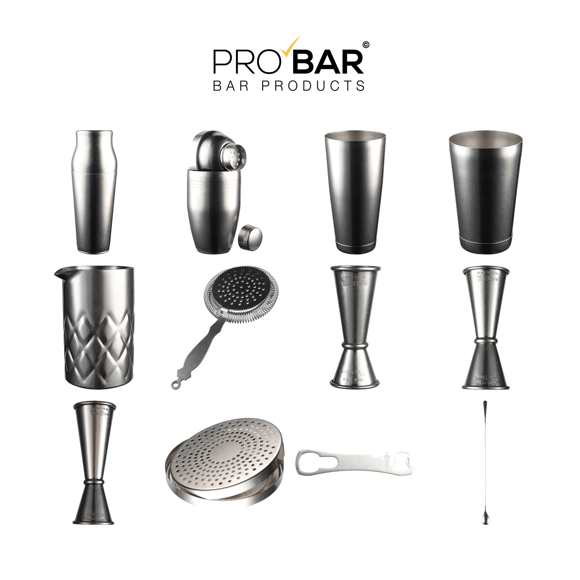 set barman Vintage The Bars: shaker, mixing tin, jigger e bar spoon in griglia