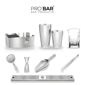 Kit postazione bartender Lumian: bar organizer, Boston shaker, mixing glass, strainer, jigger, paletta ghiaccio, pinza e bar mat in acciaio