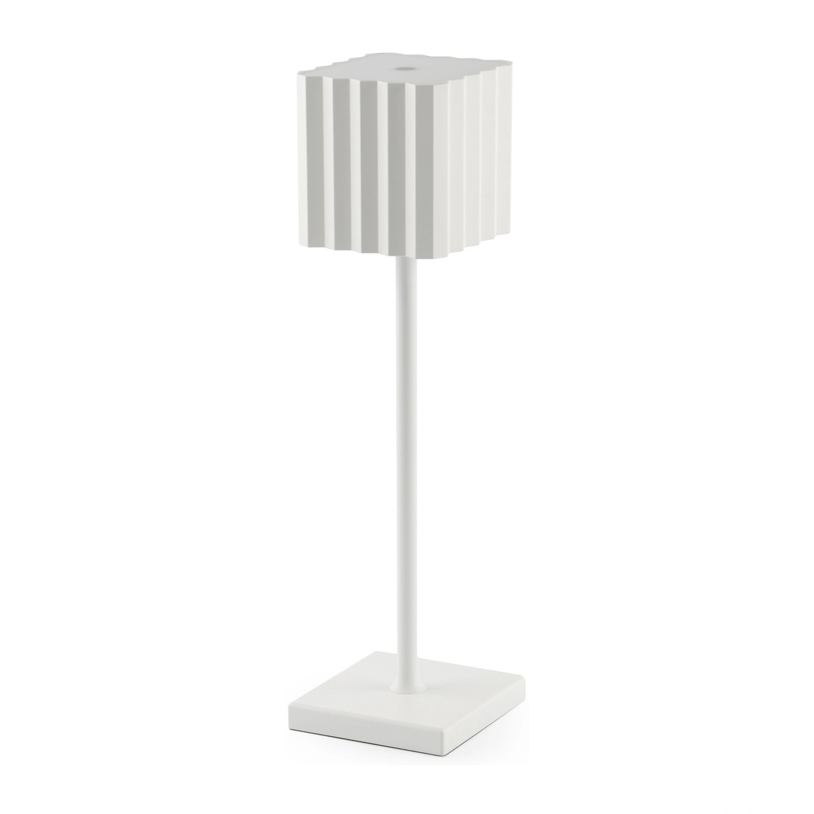 lampada da tavolo senza fili: modello Cupcake a base quadra in alluminio bianco, alta 36 cm, con diffusore in policarbonato