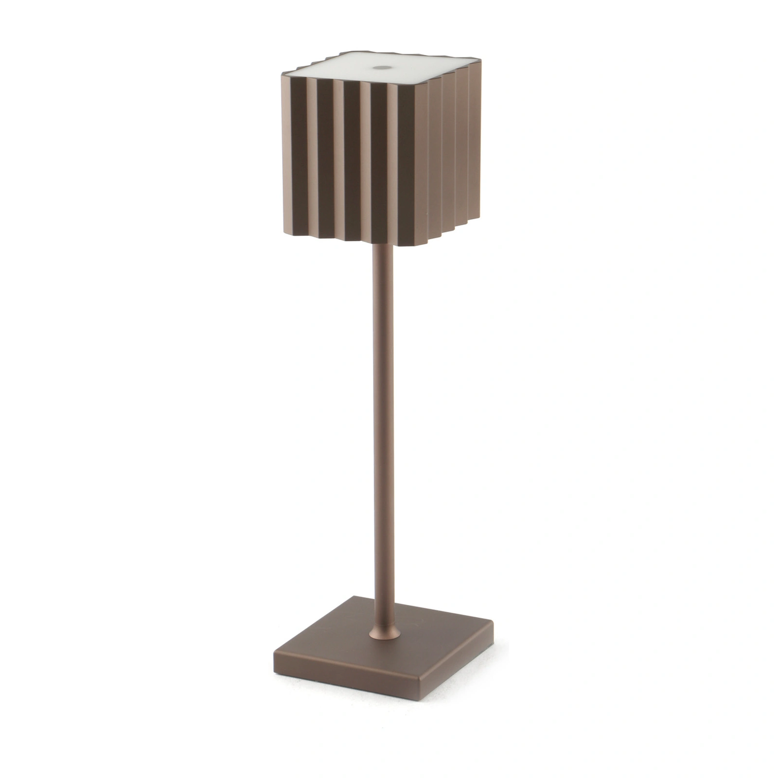 lampade da tavolo ristorante: modello Cupcake a base quadra in alluminio verniciato bronzo, alto 36 cm, a LED ricaricabile