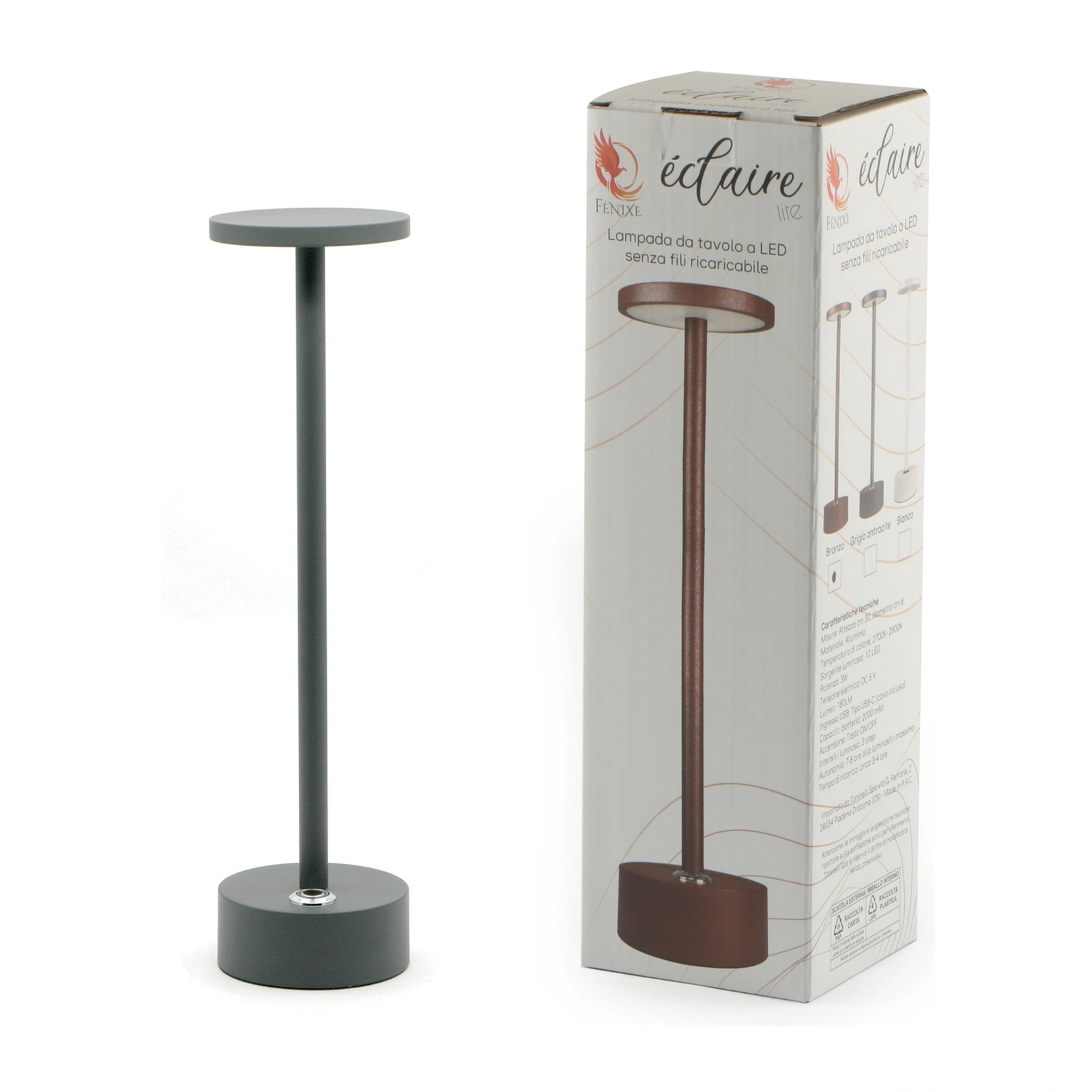 Eclaire Lite Lampada da Tavolo LED Ricaricabile Grigia 30cm, foto 2