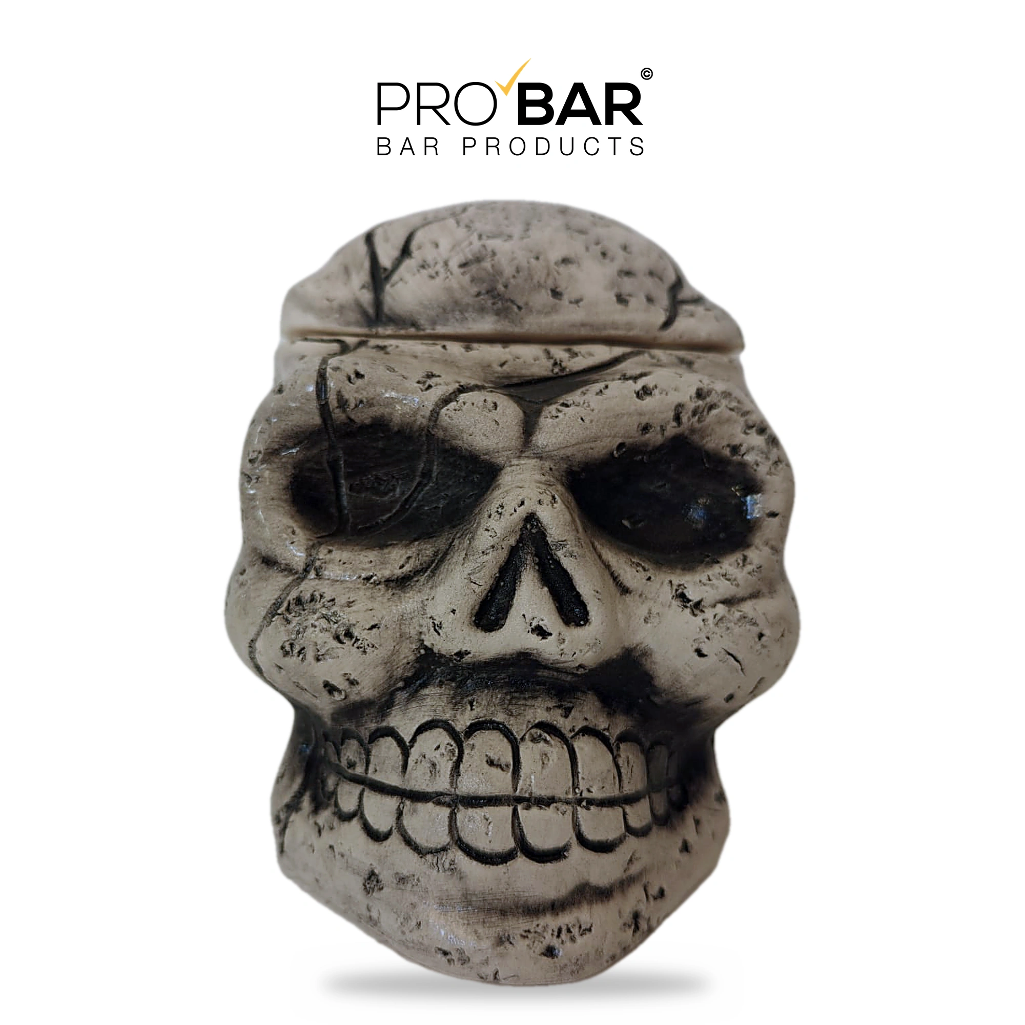 bicchiere teschio Skull Stone in ceramica, vista frontale con la calotta chiusa