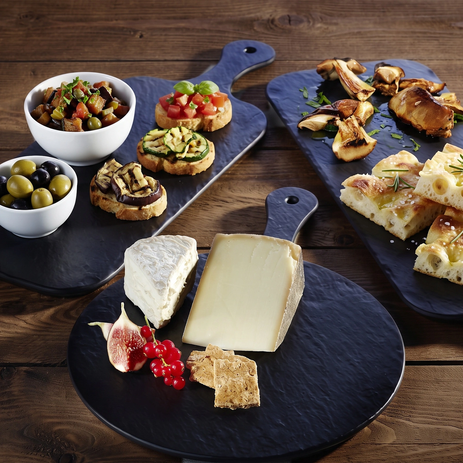 Slate Rock Tagliere Ardesia Melamina 40x20 con tagliere vegetariano: bruschette, porcini, pizza bianca e formaggi